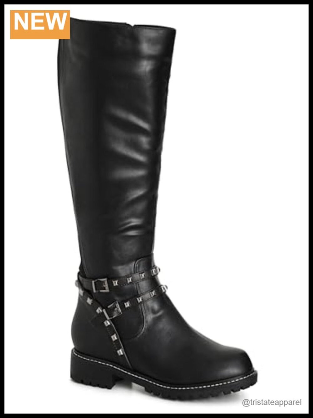 City Chic Kira Knee-High Boots, Faux Leather, Wide Fit, Studded Ankle Strap,